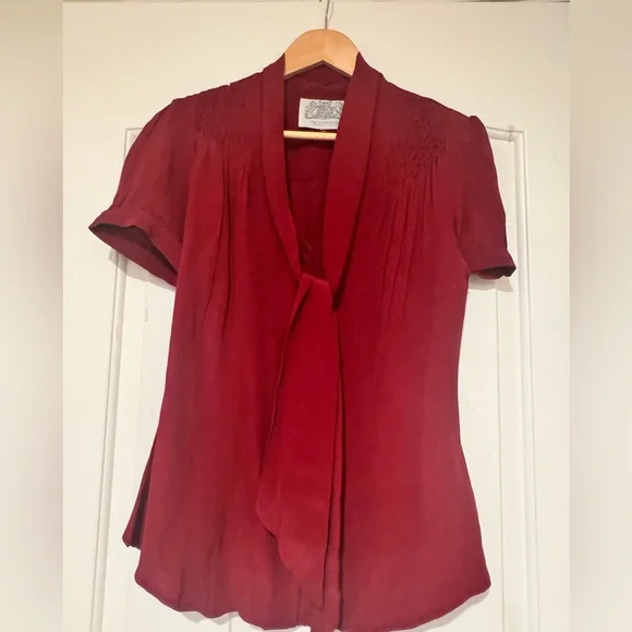 Tie-Neck Burgundy Blouse for Women - Picture 1 of 7